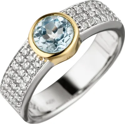 Produktbild von Ring Damenring mit Blautopas rund hellblau Zirkonia 925 Silber teilvergoldet Innenumfang 58mm  Ø18.5mm