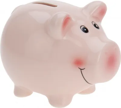 A pink ceramic piggy bank shaped like a pig.