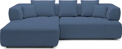A blue sectional sofa is shown from the front against a white background.