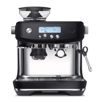 A black and silver espresso machine with a built-in grinder.