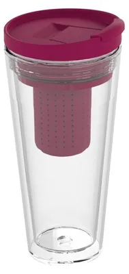 Obrázok produktu pre Vákuový hrnček Mocha so sitkom na čaj 350 ml - termohrnček s infuzérom - dvojstenný hrnček na čaj ToGo - ochutený hrnček na horúci a studený čaj - priehľadný/jahodový