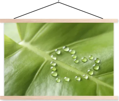 Produktbild von MuchoWow® Textilposter Foto eines botanischen Blattes mit Wassertropfen in Form eines Herzens 60x40 cm mit holzfarbenen Rahmen - Bilder