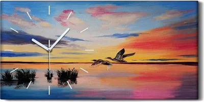 Produktbild von Wohnzimmer-Bild Leinwand Uhr 60x30 See Vögel Enten Wolken Sonnenuntergang Kunst - weiße Hände