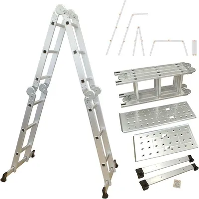Produktbild von Alu Multifunktionsleiter | 12 Sprossen Leiter klappbar 4-teilig | 356 cm Länge | Gelenkleiter Leitergerüst Klappleiter Stehleiter Aluleiter Anlegeleiter Bockleiter | bis 150 kg