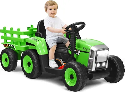 Produktbild von Traktor mit Abnehmbarem Anhänger, Kindertraktor mit LED-Licht & Musik & Fernbedienung, Trettraktor mit max. Tragfähigkeit von 30 kg, Aufsitztraktor (Grün)