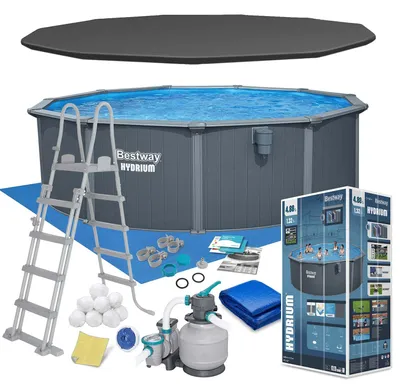 Immagine prodotto di Piscina rotonda smontabile Bestway Hydrium in acciaio, Ø 488 x 132 cm, con filtro a sabbia da 6.056 l/h, telo di fondo, copertura e scaletta