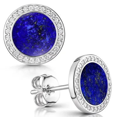 Produktbild von MATERIA Lapislazuli Ohrstecker blau rund Damen - Naturstein Edelstein Ohrringe 925 Silber mit Zirkonia SO-394-Lapis