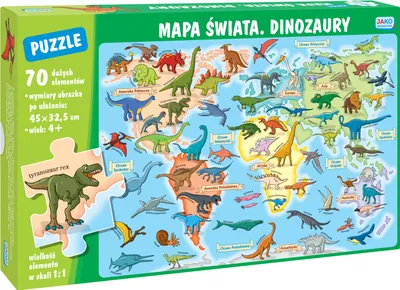 Immagine prodotto di Puzzle 70 elementi. Mappa del mondo. Dinosauri
