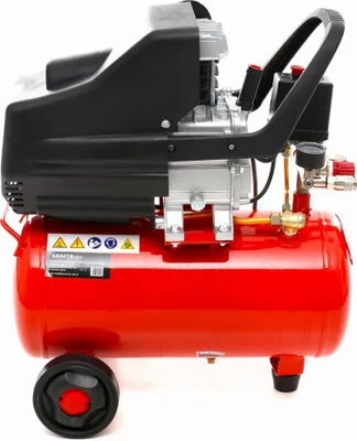 A red air compressor is shown against a white background.