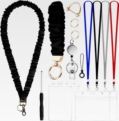 Produktbild von Scrunchie-Lanyard, dehnbare Lanyards für Ausweise, Schlüssel und Telefone, einziehbares Handgelenk- und Hals-Lanyard-Set, Armband-Schlüsselanhänger für Lehrer und Damen