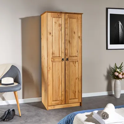 Produktbild von Kleiderschrank BARRIO Wäscheschrank Drehtürenschrank im Mexiko-Stil, Kiefer massiv in natur, 2 Türen