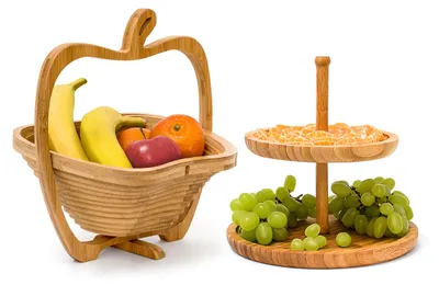 Produktbild von 2 tlg. Obst Set aus Bambus, 2-stöckige Obstetagere, Obstkorb Apfel, Etagenständer mit 2 Etagen, Obstschale klappbar