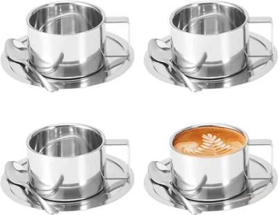 Obrázek produktu pro Sada šálků na kávu s izolací – dvojitá stěna – podtácky na lžičky – nerezová ocel 304 – 3 kusy – elegantní design – hrnek na kávu