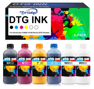DTG Tinte 500 ml Set, 2x Weiß + 1x Schwarz, Cyan, Magenta, Gelb, für Textildruck