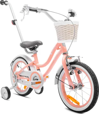 Obrázek produktu pro Kolo pro dívku 14 palců 3-5 let kolo s tréninkovými koly tlačné zařízení zvonek košík Heart Bike meruňka