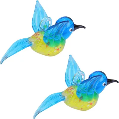Produktbild von 2 Stück hängende Glasvogel-Ornamente aus blauem Glas, farbenfrohe Dekoration für Innen- und Außenbereiche, leicht und formbeständig, für das Zuhause, zufällige Ausführung