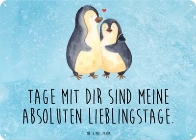 Produktbild von Mr. & Mrs. Panda Wandbild Pinguin umarmen DIN A3 - Eisblau - Geschenk, tafel, Türschild, Jahrestag, Metallschild, Hochzeitstag, Blechtafel, Hochzeitsgeschenk, Schild