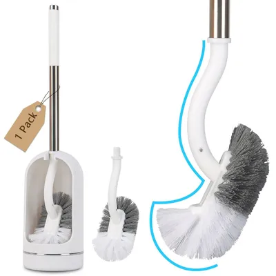 Produktbild von Toilettenbürste, Toilettenbürsten mit Halterung, gebogene Toilettenbürste mit Randreiniger, Griff aus Edelstahl und Kunststoff, Badezimmerreinigungsbürste, Ersatz-Toilettenbürste (1, weiß)