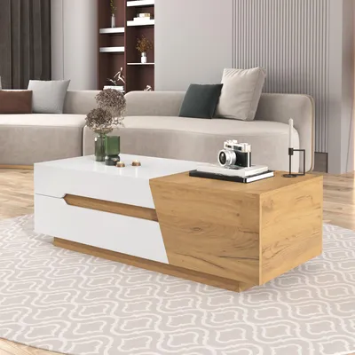 A modern living room with a sectional sofa and a coffee table.