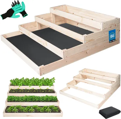 Produktbild von KOTARBAU® Treppen Hochbeet für Garten 120x120x36cm Stufenbeet mit 4 Etagen Pflanzkasten Handschuhe mit Krallen Unkrautvlies Kräuterbeet Kiefernholz