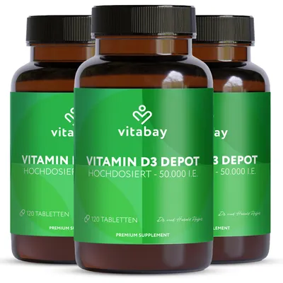 Produktbild von Vitabay Vitamin D3 Depot 50.000 I.E. - 360 (3er Bundle) vegane Tabletten - hochdosiert & vegan - ohne Zusatzstoffe - Vorrat für lange Zeit