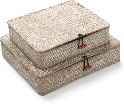 2er-Set Seegras-Aufbewahrungskörbe mit Deckel, 32x28x7 cm, weiß