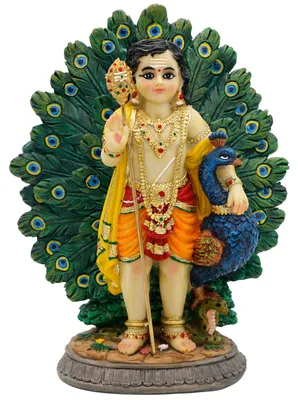 Hindu Gott Kartikeya Statue mit Pfau, 17 cm, Polyresin, bunt