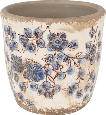 Zdjęcie produktu dla Clayre & Eef Doniczka Ø 11x10 cm Beżowo-niebieskie ceramiczne kwiaty