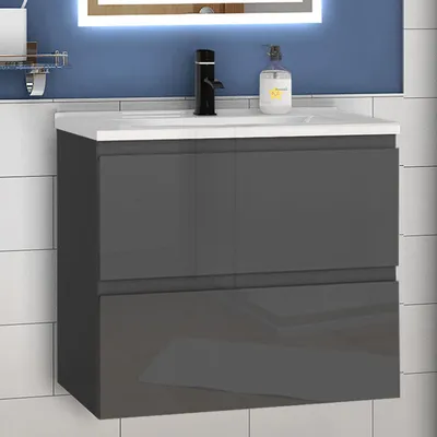 Produktbild von Waschtisch mit Unterschrank 60cm Alast Badmöbel Set Hochglanz Dunklegrau Keramik Waschbecken mit Unterschrank MDF Softclose