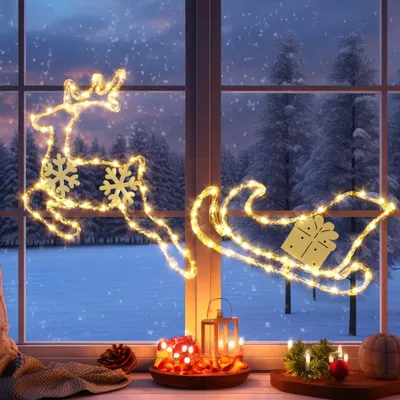 Weihnachts-Fensterbeleuchtung Rentier & Schlitten, 95 LEDs, warmweiß, Timer