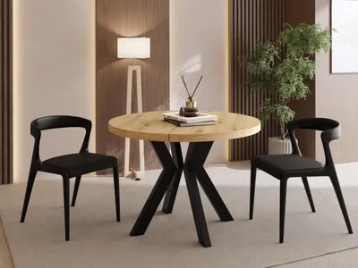Produktbild von Runder Esstisch Ausziehbar 80-130 cm – Verlängerbar, für 4-6 Personen mit Schwarzen Holzbeinen – Tisch für Wohnzimmer & Esszimmer in Eiche Artisan Hellbraun