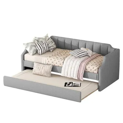 Produktbild von Schlafsofa, 90x200cm/90x190cm, Einzelsofa mit Bettfunktion, Ausziehbett inkl. Lattenrost, Bezug aus Leinen, Einzelbett, Jugendbett, Polsterbett