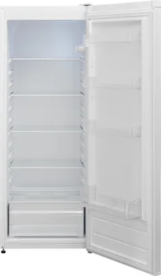 An empty white refrigerator with its door open, showing the shelves and drawers inside.