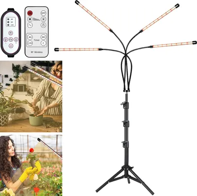Obrázok produktu pre LED rastlinné osvetlenie s plným spektrom, 196 LED, s možnosťou stmievania, časovačom, stojanová lampa na rastliny, 4-hlavová lampa na rastliny s USB konektorom a diaľkovým ovládaním, 3 režimy