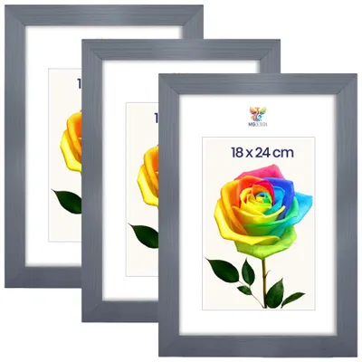 Produktbild von MG Design 3er Set Bilderrahmen 18 x 24 cm - Fotorahmen mit Grau Echtholzrahmen und bruchsicherem Acrylglas, Hoch & Quer zum Aufhängen, zum Aufstellen