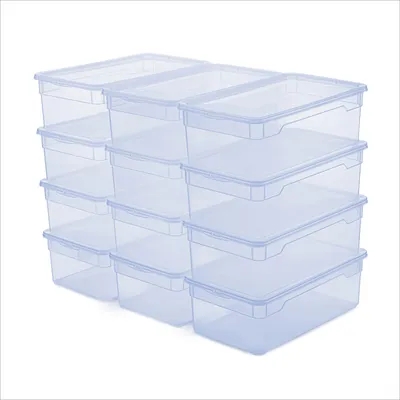 Produktbild von Rotho 12er Set Aufbewahrungsboxen mit Deckel CLEAR - Kunststoffbox 5L - Stapelbox je 33,5 x 19 x 11,0 cm - Lagerbox aus Kunststoff - Box stapelbar