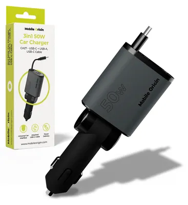 Obrázek produktu pro Mobilní nabíječka do auta Origin 3v1 50 W Ca27 – USB-C + USB-A, kabel USB-C