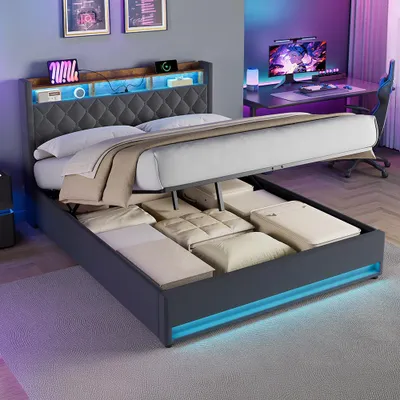 Produktbild von STILVORA Polsterbett 160×200 mit bettkasten,Stauraumbett Boxspringbett mit USB-Anschluss und LED-Licht,Funktionsbett ohne matratze,mit Stauraum,grau