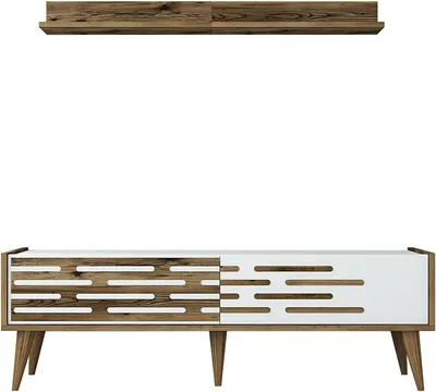 Produktbild von Fernsehschrank Achernar, Ständer für Wohnzimmerfernseher, Niedriges Wohnzimmer-Sideboard, TV-Ständerbasis, 140x45h35 cm, Walnuss und Weiß