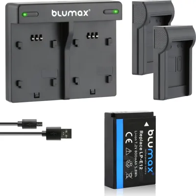 Produktbild von 2x Akku + Lader für Canon LP-E12 EOS M200 M100 M50 EOS 100D 800 mAh (7,2V)