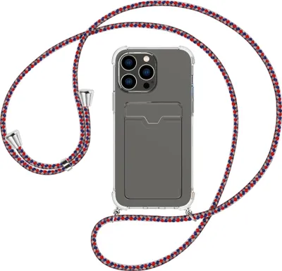 Produktbild von Handykette Backcover-Schutzhülle mit Band (Metall silberfarben) für Apple iPhone 15 Pro Max - silber/blau/rot