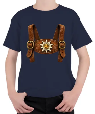 Productafbeelding van Lederhosen, traditionele kleding, Edelweiß, , Beierse kleding, Dirndl, Alpen, kinder T-shirt, marineblauw, maat 116