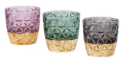 Produktbild von 3er Set Teelichthalter Glas Rosa Grün Grau Gold H9cm Kerzenglas Retro Tischdeko Deko Windlicht Kerzenhalter Kerze Kerzenständer