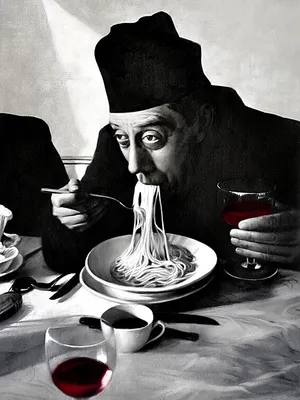 Produktbild von Kochkunst Kunstdruck Bild - Spaghetti, Rotwein, Don Camillo (80 x 60 cm)