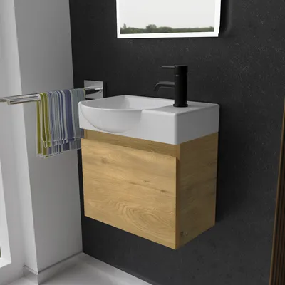 Produktbild von Alpenberger Waschtisch mit Unterschrank | Gäste WC Waschbecken Klein 45 cm Breit | Keramik Aufsatzwaschbecken mit Waschbeckenunterschrank | Badmöbel Set Hängend | Waschtischunterschrank Eiche Natur