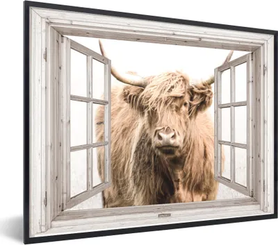 Produktbild von MuchoWow® Gerahmtes Poster Schottischer Highlander - Winter - Ansicht 80x60 cm - Poster mit Schwarzem Bilderrahmen Wandposter Rahmen Foto Bilder - Schwarzem - Mit Gestell