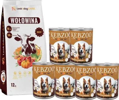 Produktbild von Look4dog CARE | Hundefutter Set - 12kg Trockenfutter + 6x400g Nassfutter - Rind - Gesund & Nahrhaft