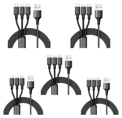 Produktbild von 3-in-1 Ladekabel Robustes Mehrfachladekabel mit USB-C Micro und iPhone Anschluss – Schwarz / 5 Pack