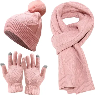 Produktbild von Mütze, Schal und Handschuhe Set für Damen und Herren, Winter-Strickmütze, Schal, Touchscreen-Handschuhe Set für kaltes Wetter, Einheitsgröße