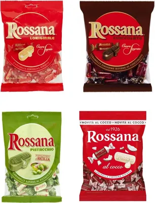 Produktbild von Rossana Mix Bonbons 4 Sorten (Klassik, Schokolade, Pistazie, Kokos) 4 x 175 g – gefüllte italienische Karamellbonbons, glutenfrei, Geschenkbox + Italian Gourmet polpa